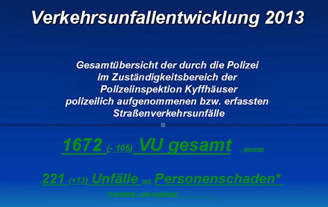 Verkehrsunfallstatistik für 2013 (1) (Foto: Polizeiinspektion Kyffhäuser) Verkehrsunfallstatistik für 2013 (1) (Foto: Polizeiinspektion Kyffhäuser)