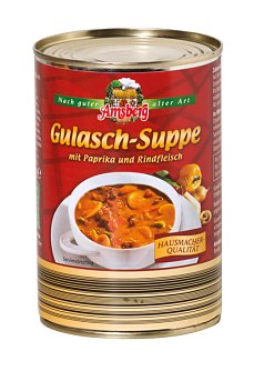 Die Gulasch-Suppe von  Amsberg Feinkost soll laut  Werbeaussage  Hausmacherqualit&auml;t � nach  guter alter Art bieten. Doch zu  finden ist darin  Mononatriumglutamat (Foto: &Ouml;ko Test GmbH)