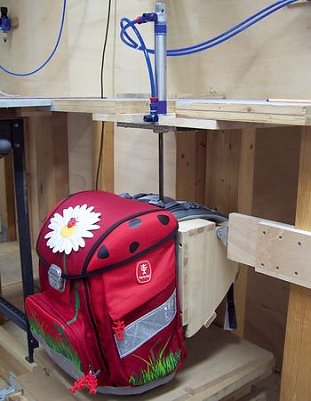 Eine spezielle Vorrichtung im Pr&uuml;flabor stauchte die beladenen Ranzen, wie es im Alltag st&auml;ndig geschieht. Dazu wurden sie tausendmal zehn Zentimeter angehoben und fallen gelassen. (Foto: &Ouml;ko Test GmbH)