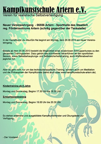 Neuer Vereinslehrgang (Foto: Kampfkunstschule Artern)