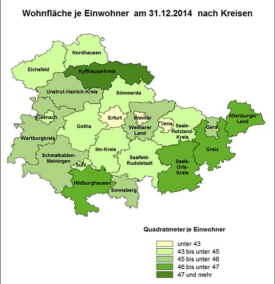Wohnfläche je Einwohnern nach Kreisen (Foto: Thüringer Landesamt für Statistik) Wohnfläche je Einwohnern nach Kreisen (Foto: Thüringer Landesamt für Statistik)