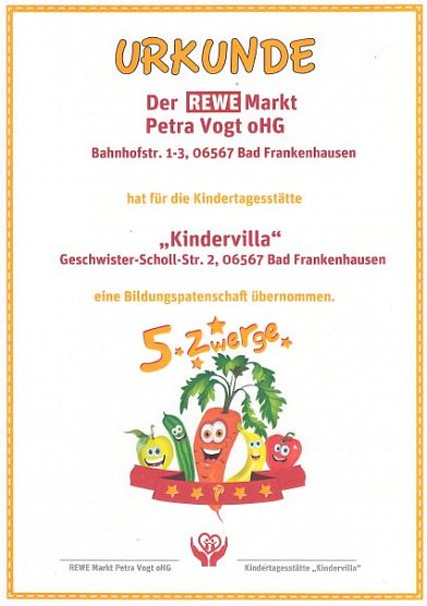 Bildungspatenschaft durch Urkunde besiegelt (Foto: Kindervilla Bad Frankenhausen)