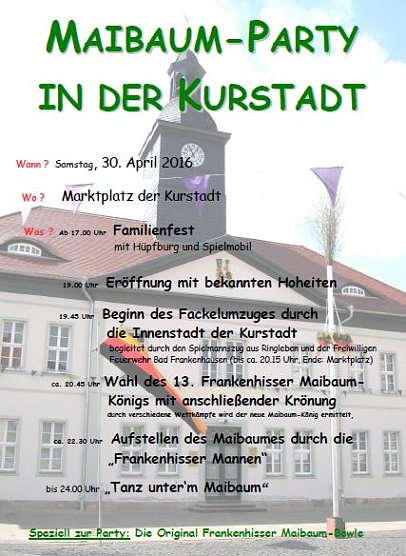 Wieder Maibaum-Party in Frankenhausen (Foto: Stadt Bad Frankenhausen) Wieder Maibaum-Party in Frankenhausen (Foto: Stadt Bad Frankenhausen)