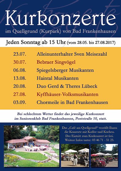 Änderung der Reihenfolge bei Kurkonzerten (Foto: Stadtmarketing Bad Frankenhausen) Änderung der Reihenfolge bei Kurkonzerten (Foto: Stadtmarketing Bad Frankenhausen)