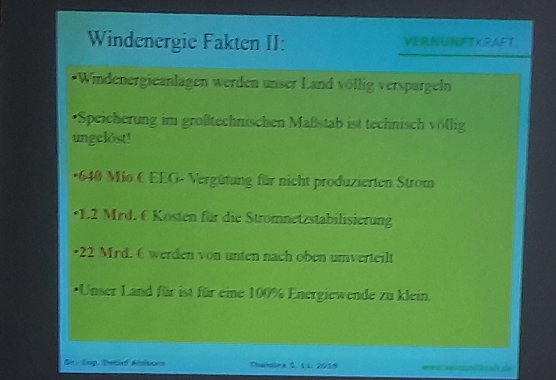 Gegenwind wird st&auml;rker (2) Am Montag fand im Ortsteil Thalebra von Sondershausen eine Einwohnerversammlung statt. Einziges Thema Windr&auml;der am Hessenweg. Verbunden war das Ganze mit einem Vortrag von Dr. Ing. Detlef Ahlborn...  Dieser Beitrag von Dr. Ing. Detlef Ahlborn von www.vernunftkraft.de &uuml;ber eine halbe Stunde hatte es in sich. Leider waren bei dieser Einwohnerversammlung und diesem Vortrag  (Foto: Karl-Heinz Herrmann / Dr. Alhborn)