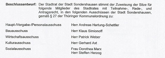 Personelles aus dem Stadtrat (Foto: Stadt Sondershausen)