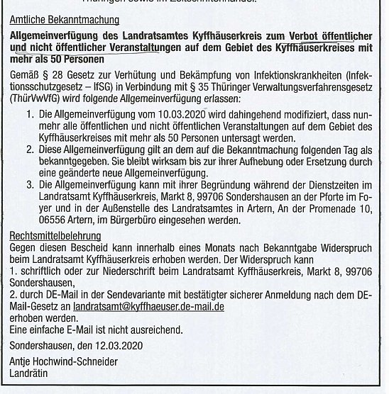 Keine Veranstaltung gr&ouml;&szlig;er 50 Personen im Kyffh&auml;userkreis (Foto: Landratsamt Kyffh&auml;userkreis)