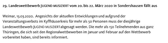 Weitere Absage von Veranstaltungen (Foto: Landesmusikrat Thüringen) Weitere Absage von Veranstaltungen (Foto: Landesmusikrat Thüringen)