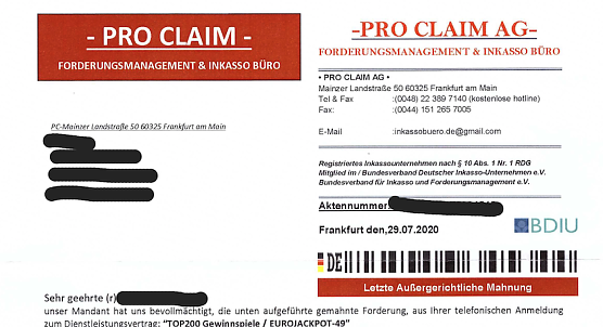 Die Pro Claim AG ist genauso erfunden wie die Forderungen auf den Mahnschreiben. Wer einen solchen Brief bekommt, sollte auf keinen Fall bezahlen! (Foto: Deutscher Inkasso-Unternehmen e.V. )