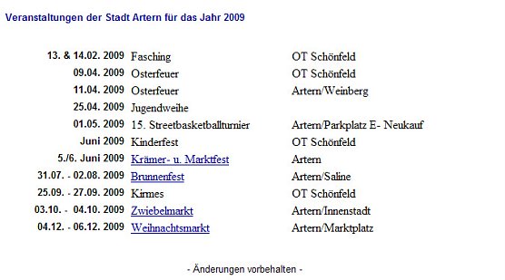 Termine Artern (Foto: Homepage Artern)