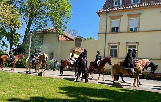 Ankunft der Reiterinnen und Reiter des Navalisrittes von Bad Tennstedt nach Gr&uuml;ningen (Foto: Babette Esche)