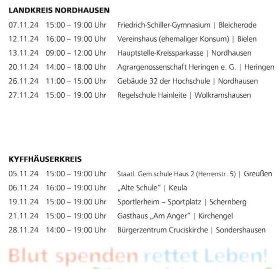 Blutspendetermine im Landkreis Nordhausen und im Kyffh&auml;userkreis (Foto: S&uuml;dharz Klinikum)