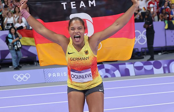 Oympiasiegerin im Kugelstoßen, Yemisi Ogunleye in Paris 2024 (Foto: Cha von der Laage) Oympiasiegerin im Kugelstoßen, Yemisi Ogunleye in Paris 2024 (Foto: Cha von der Laage)