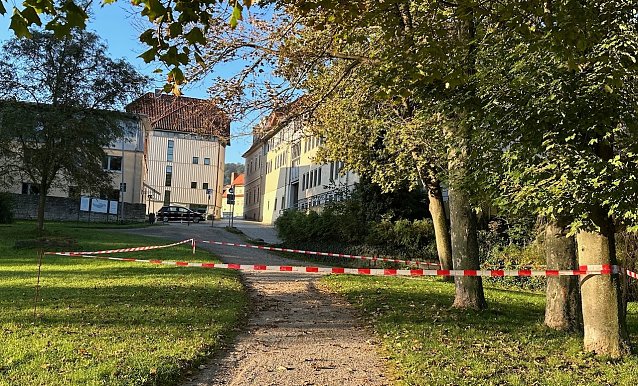 Bild: Absperrungen im Schlosspark Sondershausen wegen br&uuml;chigen B&auml;umen