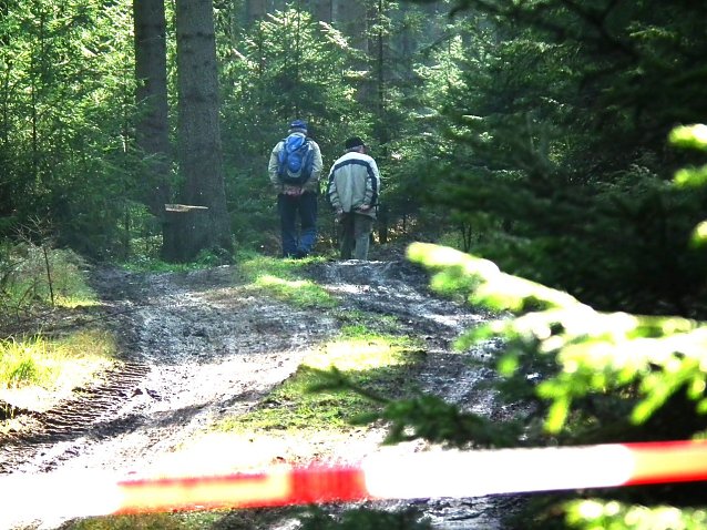 Bild: o nicht: Wanderer begeben sich in Lebensgefahr, da sie sorglos einen -deutlich erkennbar- abgesperrten Waldweg betreten