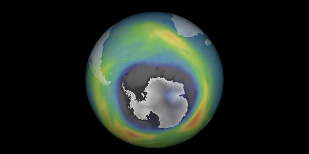 Bild: Das Ozonloch &uuml;ber der Antarktis hat im September eine der gr&ouml;&szlig;ten Ausdehnungen seit Beginn der Aufzeichnungen erreicht. Es &uuml;bertraf sogar die Landfl&auml;che der gesamten Antarktis (rund 14 Millionen Quadratkilometer) deutlich. Gr&ouml;&szlig;er war es bisher nur im Jahr 2006. 