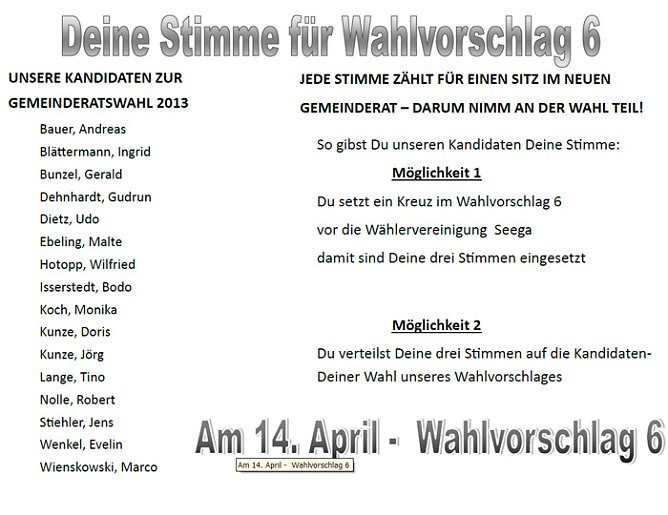 Wahlprogramm für Seega (Foto: Wählervereinigung Seega) Wahlprogramm für Seega (Foto: Wählervereinigung Seega)