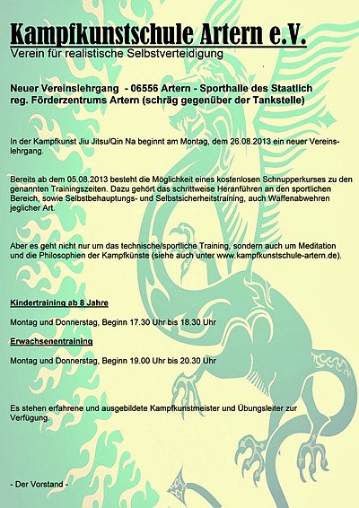 Neuer Vereinslehrgang (Foto: Kampfkunstschule Artern) Neuer Vereinslehrgang (Foto: Kampfkunstschule Artern)