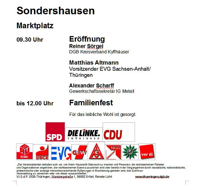 Aufruf zur Maifeier (Foto: DGB Kyffhäuserkreis) Aufruf zur Maifeier (Foto: DGB Kyffhäuserkreis)