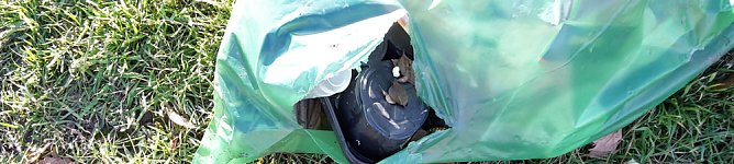 Es ist schon erstaunlich was da so alles entlang der Wipper in Sondershausen abgeladen wird. Dabei hat kn wieder einige frische und alte Entdeckungen gemacht�   Hier wurden mal wieder in einem M&uuml;llsack offensichtlich alte Pflanzgef&auml;&szlig;e entsorgt. So weit ja noch ganz gut.   Muss man aber seine M&uuml;llt&uuml;ten unbedingt auf dem Wipperdamm nahe der Kiesgrube ablegen. Wer macht sich die M&uuml;h (Foto: Karl-Heinz Herrmann)