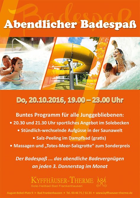 Der abendliche Badespaß in der Kyffhäuser-Therme (Foto: Stadtmarketing Bad Frankenhausen) Der abendliche Badespaß in der Kyffhäuser-Therme (Foto: Stadtmarketing Bad Frankenhausen)