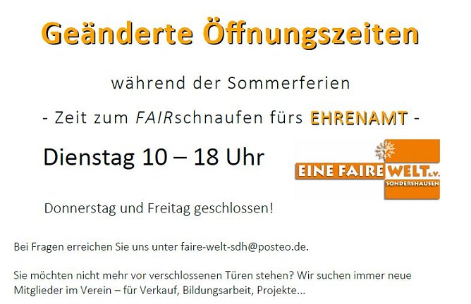 Sommeröffnungszeiten Weltladen (Foto: Jana Groß) Sommeröffnungszeiten Weltladen (Foto: Jana Groß)