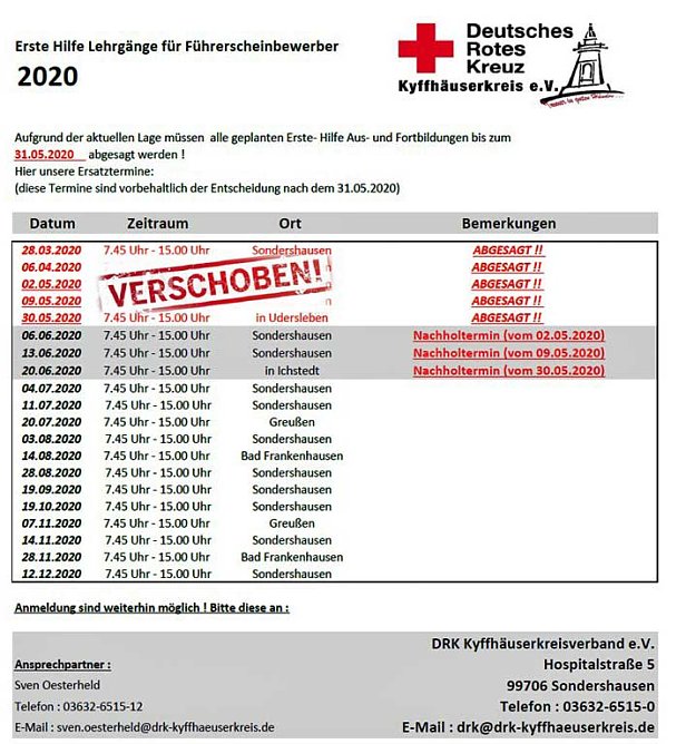 Erste Hilfe Lehrgänge werden verschoben (Foto: DRK Kyffhäuserkreis) Erste Hilfe Lehrgänge werden verschoben (Foto: DRK Kyffhäuserkreis)