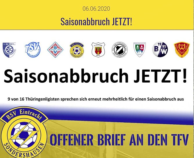Forderung: Saisonabbruch jetzt (Foto: BSV Eintracht Sondershausen) Forderung: Saisonabbruch jetzt (Foto: BSV Eintracht Sondershausen)