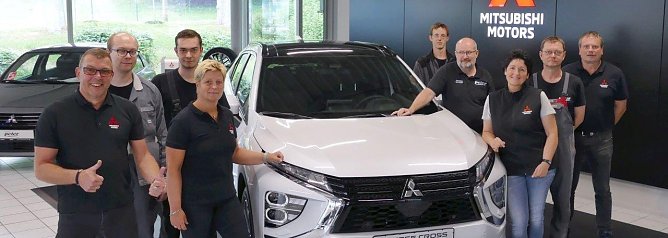 Verkaufsleiter Jens Kupfer ist stolz auf seine Mannschaft und das Triple, zu den 30 besten Mitsubishi-H&auml;ndlern Deutschlands zu geh&ouml;ren. Im Bild von links nach rechts: Jens Kupfer, Tim Wiemann, Bj&ouml;rn Husung, Sandra Lungershausen, Markus Nehrlich, Michael St&ouml;be, Manuela Rexroth, Sven T&ouml;le und Dirk Wolf.   (Foto: Autohaus Peter)