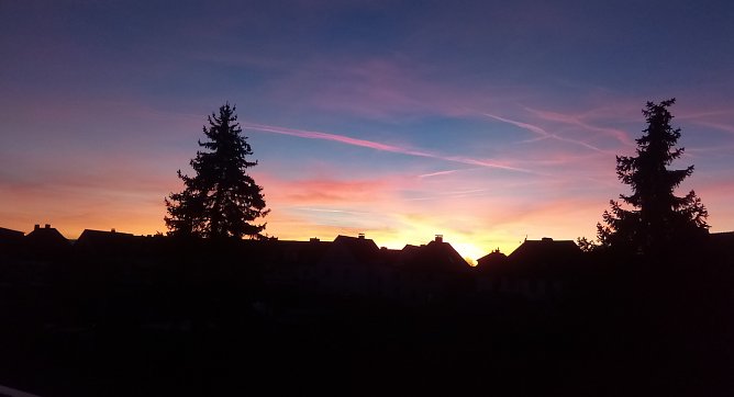 Sonnenuntergang mit Flugzeug-Kondensstreifen &uuml;ber Nordhausen (Foto: Rosalinde Frank)