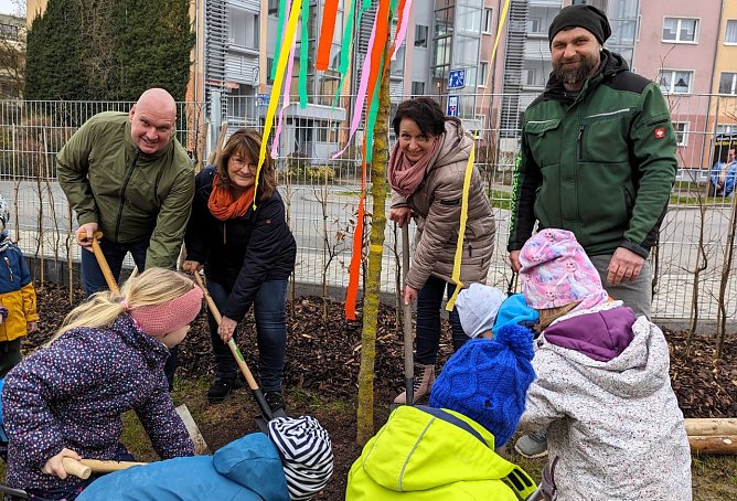 Baumpflanzung: B&uuml;rgermeister Steffen Grimm (li.), Anja Lemke, Gesch&auml;ftsf&uuml;hrerin der Stadtwerke Sondershausen (2.v.li.), Kitaleiterin Jana Bauer (2.v.re.) und Tobias B&auml;tzoldt, Gesch&auml;ftsf&uuml;hrer der Firma B&auml;tzoldt's Garten- und Landschaftsbau (Foto: Janine Skara)