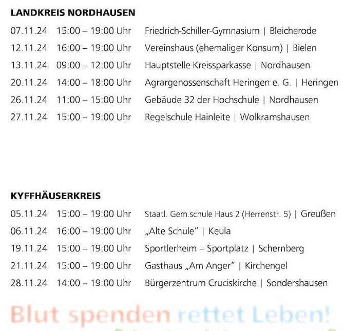 Blutspendetermine im Landkreis Nordhausen und im Kyffh&auml;userkreis (Foto: S&uuml;dharz Klinikum)
