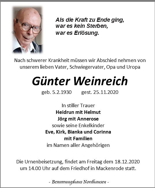 Traueranzeige (Foto: Bestattungshaus Nordhausen)