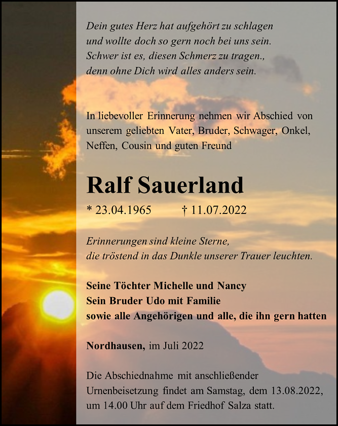 Traueranzeige Ralf Sauerland (Foto: Schade)