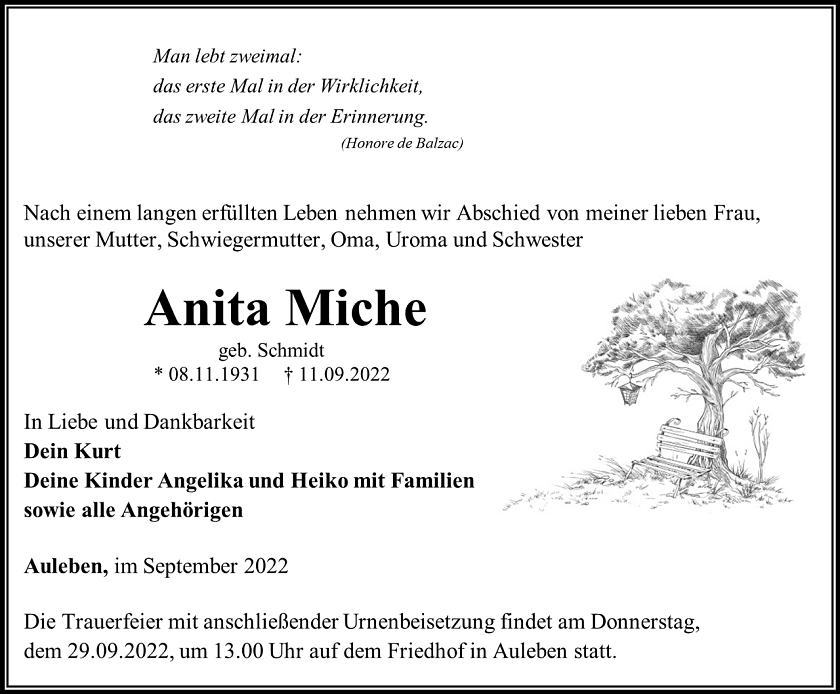 Traueranzeige Anita Miche (Foto: Schade)