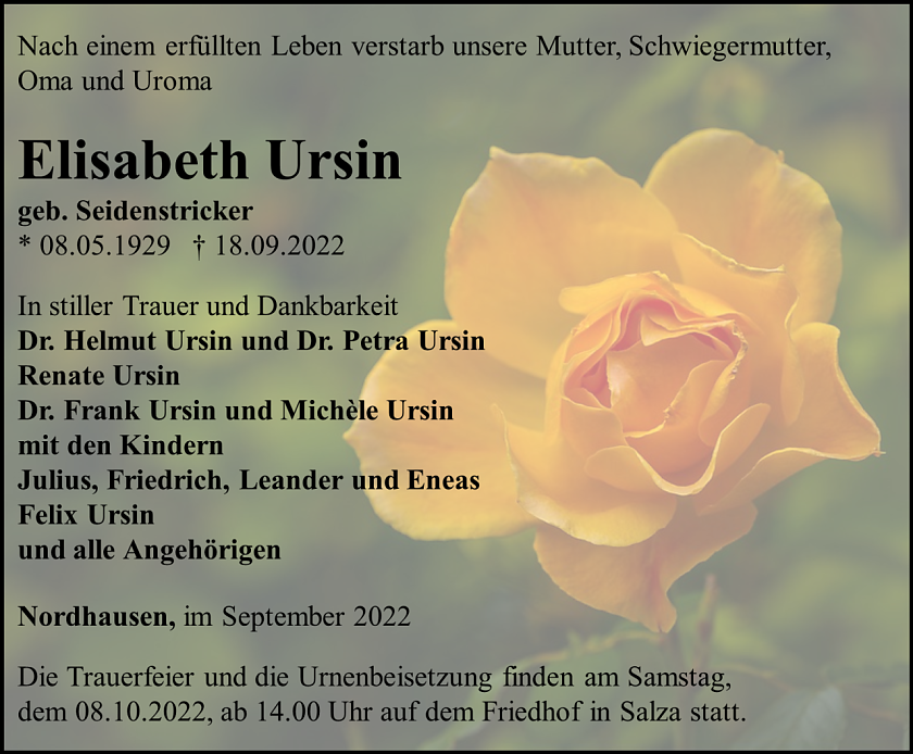Traueranzeige Elisabeth Ursin (Foto: Schade)