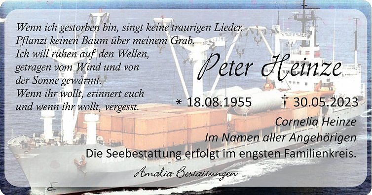 Traueranzeige Peter Heinze (Foto: Amalia Bestattungen)