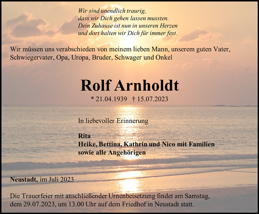 Traueranzeige Rolf Arnholdt (Foto: Bestattungshaus Eckhard Schade)