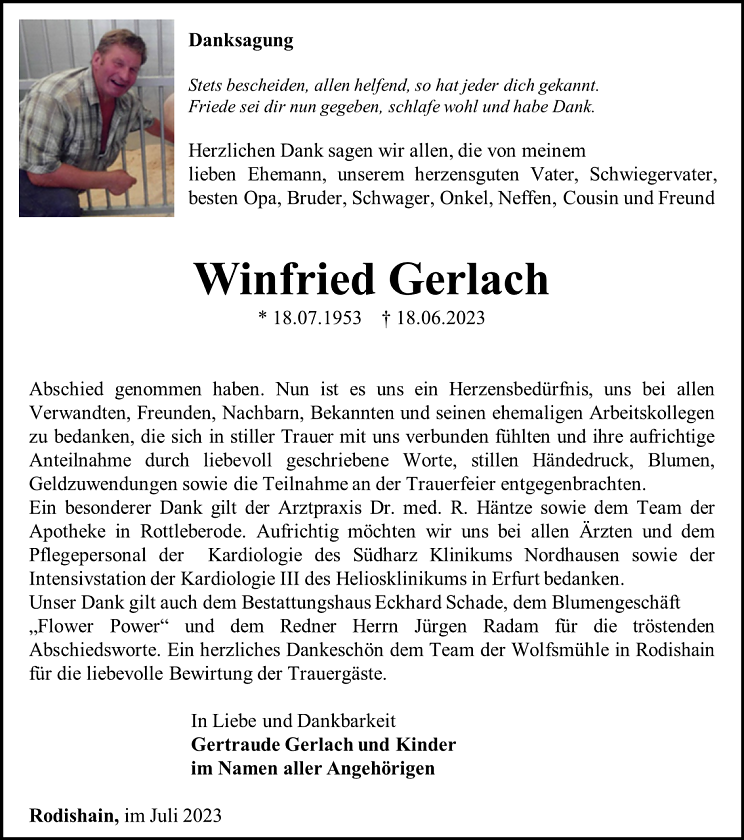 Danksagung Winfried Gerlach (Foto: Bestattungshaus Eckhard Schade)