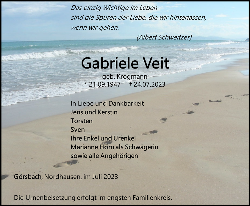 Traueranzeige Gabriele Veit (Foto: Bestattungshaus Eckhard Schade)