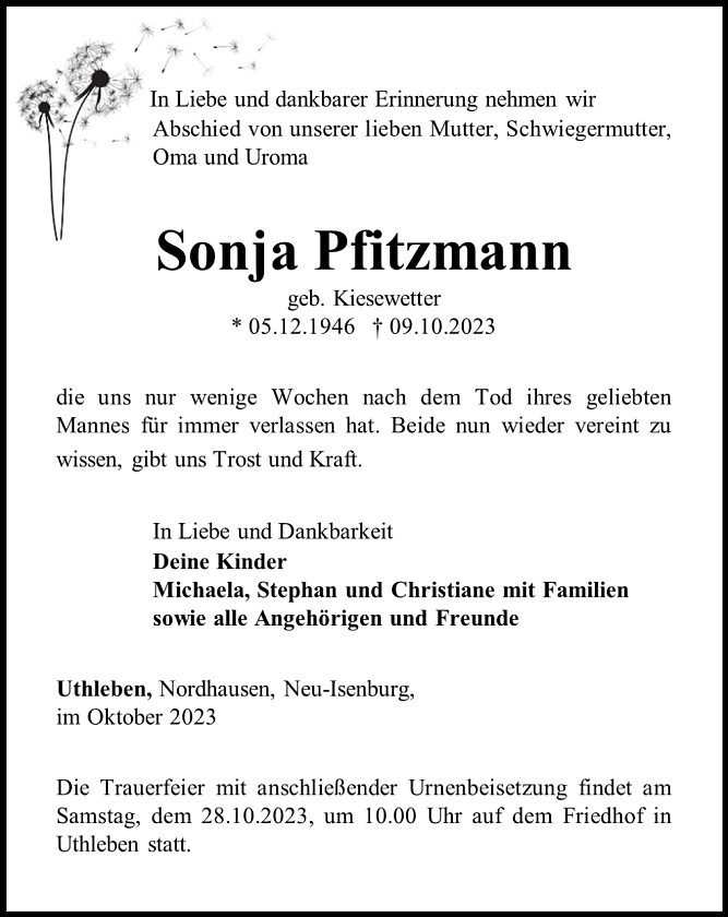 Traueranzeige Sonja Pfitzmann (Foto: Bestattungshaus Schade)