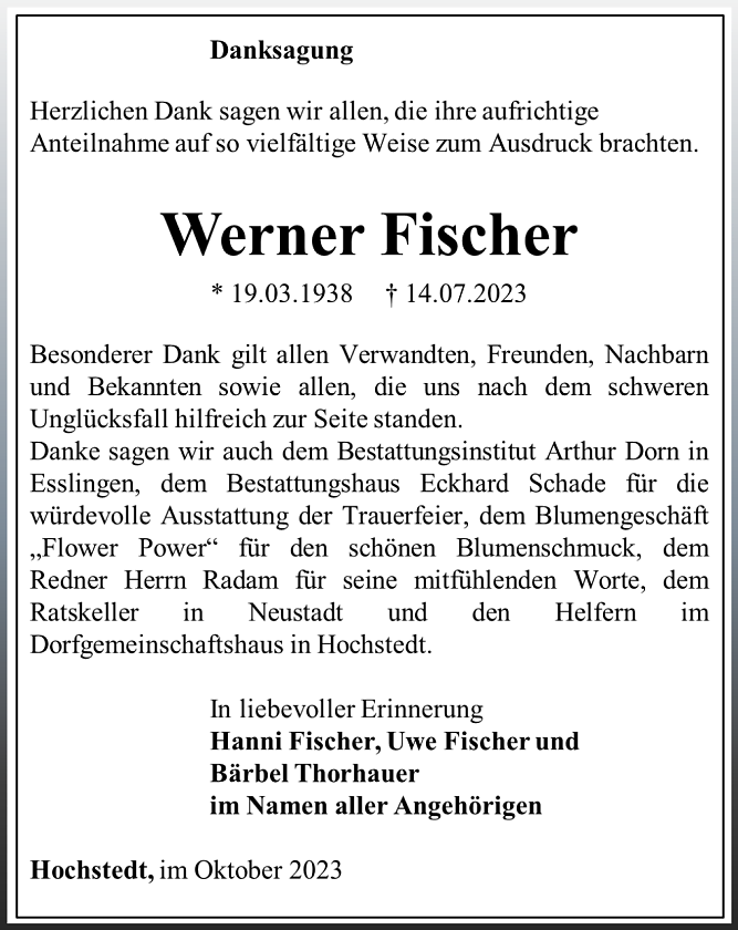 Danksagung Werner Fischer (Foto: Bestattungshaus Schade)