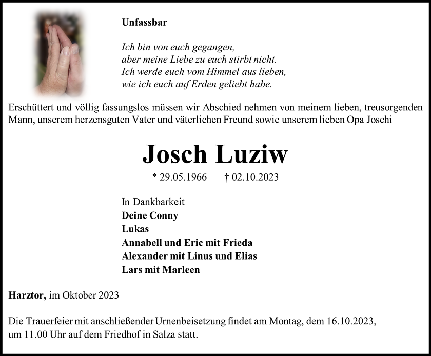 Traueranzeige Josch Luziw (Foto: Bestattungshaus Eckhard Schade)