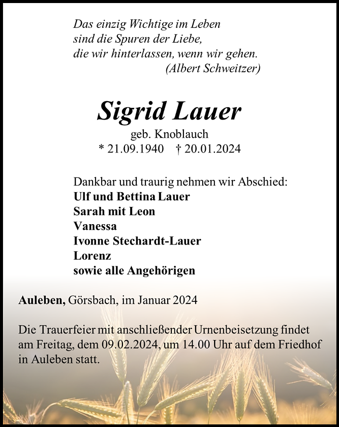 Traueranzeige Sigrid Lauer (Foto: Bestattungshaus Eckhard Schade)
