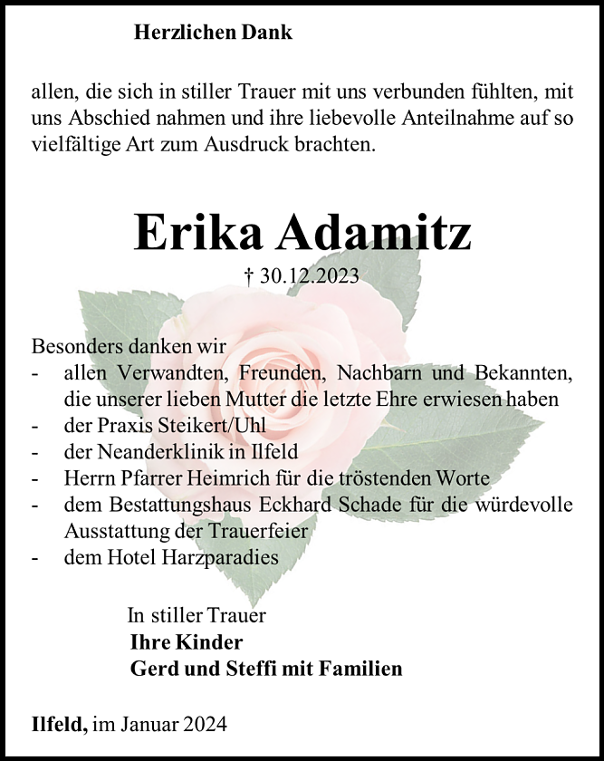 Danksagung Erika Adamitz (Foto: Bestattungshaus Eckhard Schade)