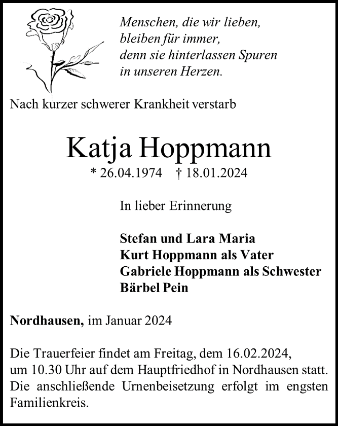 Traueranzeige Katja Hoppmann (Foto: Bestattungshaus Eckhard Schade)