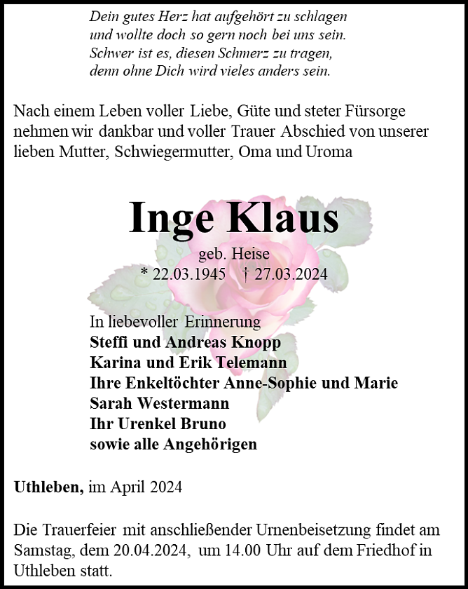 Traueranzeige (Foto: Bestattungshaus Schade)