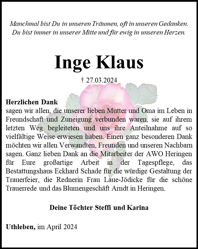 Danksagung (Foto: Bestattungshaus Schade)