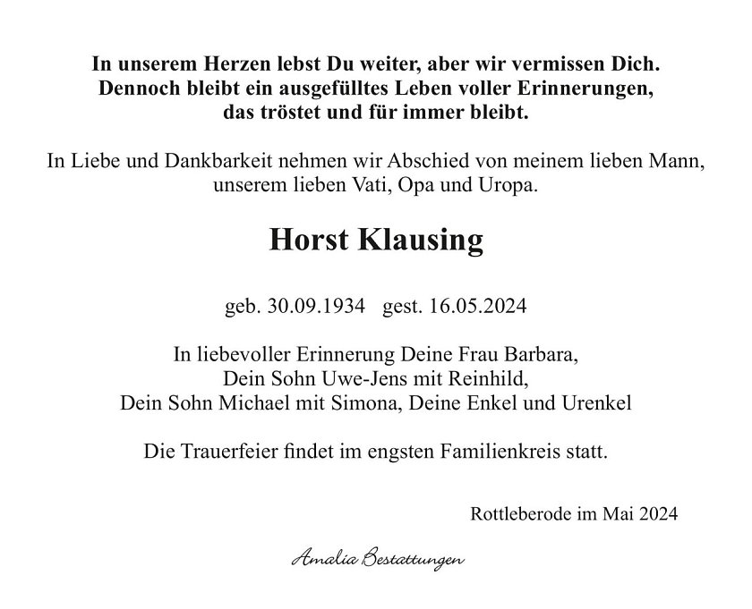 Traueranzeige Horst Klausing (Foto: Amalia Bestattungen)