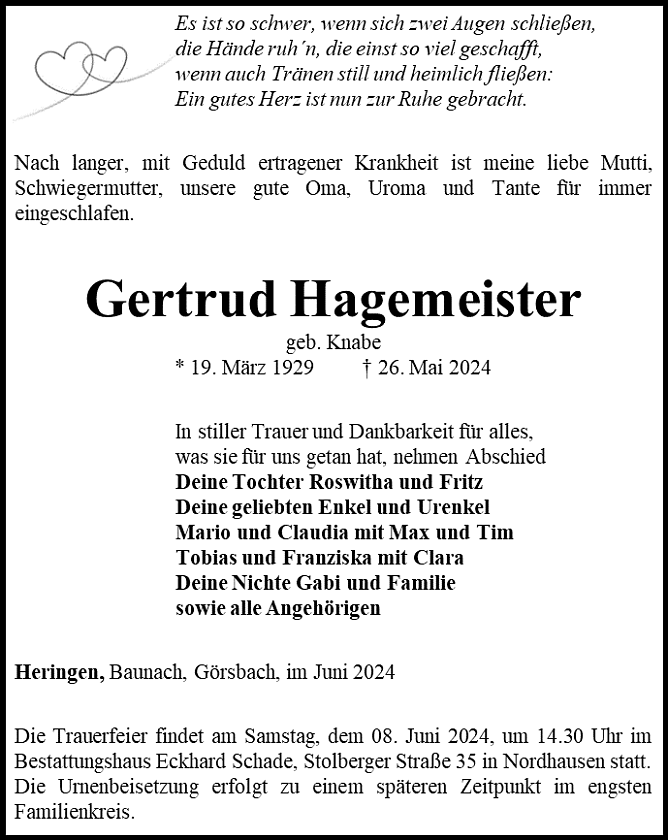 Traueranzeige (Foto: Bestattungshaus Schade)